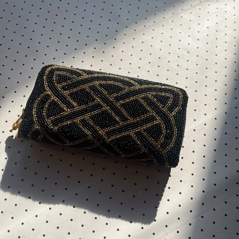 Vintage Black Beaded Evening Clutch Purse Gold Silver Geometric Art Deco Glam